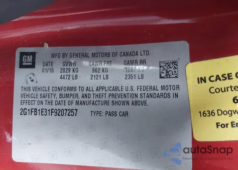 2015 Chevrolet Camaro 2Ls z USA, uszkodzony, nr VIN 2G1FB1E31F9207257